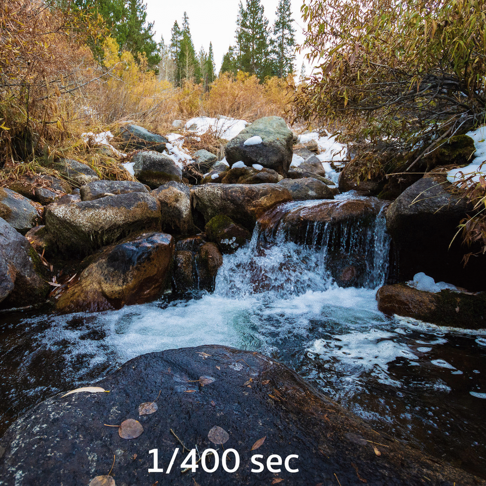A waterfall with shutter speed changes
